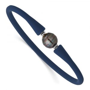 Stainless Steel 10-11mm Black Tahitian Pearl Blue Silicone Bracelet