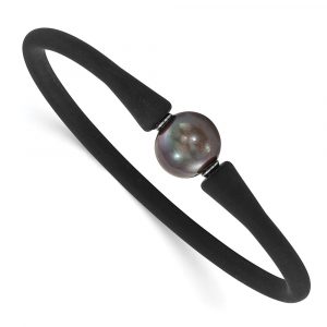 Stainless Steel 11-12mm Freshwater Cultured Pearl Black Silicone Bracelet