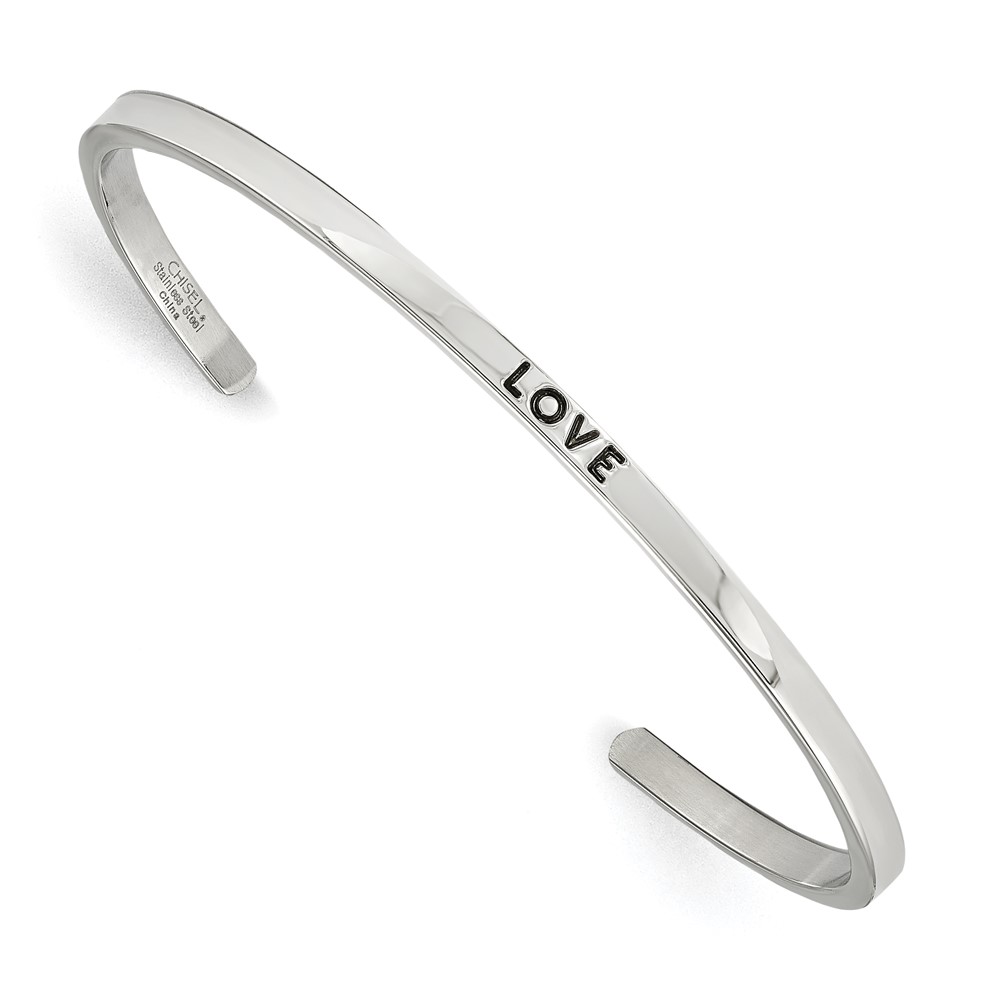 Stainless Steel Polished Love w/Crystal 3mm Cuff Bangle