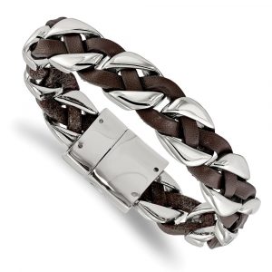 Stainless Steel Polished with Brown Leather Braided 8.5-inch Bracelet