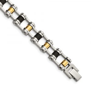 Stainless Steel 8.75-inch Polished Yellow IP-plated w/Black Rubber Bracelet