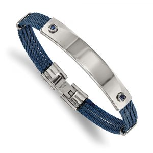 Stainless Steel Polished Blue IP-plated Cable Blue CZ 7.25-inch ID Bracelet
