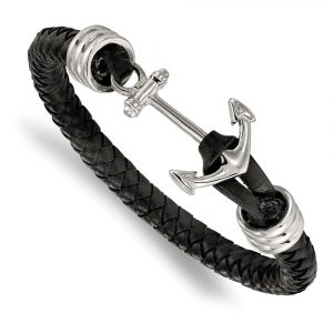 Stainless Steel Polished Black Braided Leather Anchor 8.5-inch Bracelet
