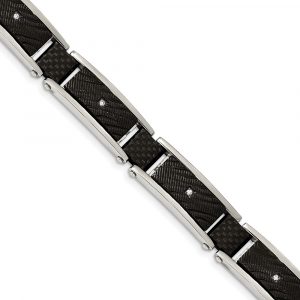 Stainless Steel Polished Blk IP w/CZ and Black Carbon Fiber 8.75-inch Bracelet