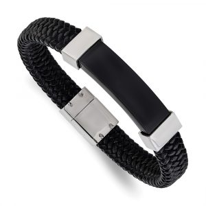 Stainless Steel Polished Black IP-plated Black Leather 8.5-inch Bracelet