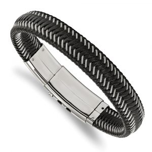 Stainless Steel Polished Black Leather w/Wire Adjust 8-inch to 8.5-inch Bracelet