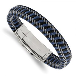 Stainless Steel Polished Black & Blue Leather Adj. 7.75-8.25-inch Bracelet