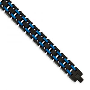 Stainless Steel Brushed and Polished Black/Blue IP-plated 8.5-inch Bracelet