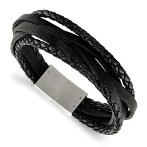Stainless Steel Brushed Black Leather Braided Multi-Strand 8.25-inch Bracelet