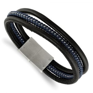 Stainless Steel Brushed Black & Blue Braided Leather 8-inch Bracelet
