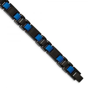 Stainless Steel Brushed & Polished Black & Blue IP-plated 8.75-inch Bracelet
