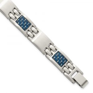 Stainless Steel Brushed with Blue Carbon Fiber Inlay 8.5-inch Bracelet