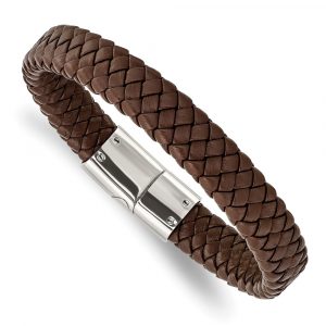 Stainless Steel Polished Braided Brown Leather 8.5-inch Bracelet