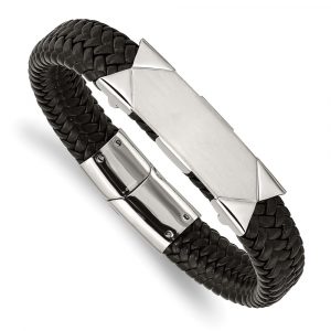 Stainless Steel Brushed and Polished Black Leather 8.5-inch ID Bracelet