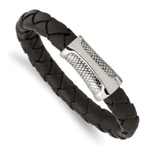 Stainless Steel Polished and Textured Black Leather 8.5-inch Bracelet