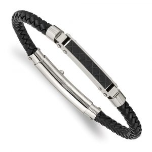 Stainless Steel Polished Black IP Black Leather Adjustable Bracelet