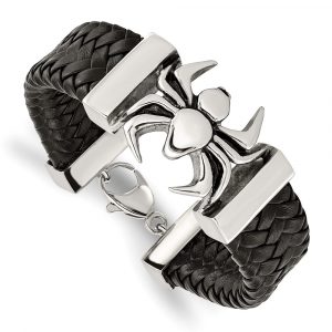 Stainless Steel Antiqued and Polished Spider Black Leather 8.5-inch Bracelet