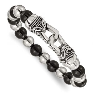 Stainless Steel Antiqued and Polished Black Agate Stretch Bracelet