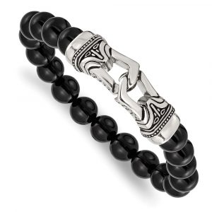 Stainless Steel Antiqued and Polished Black Agate Stretch Bracelet