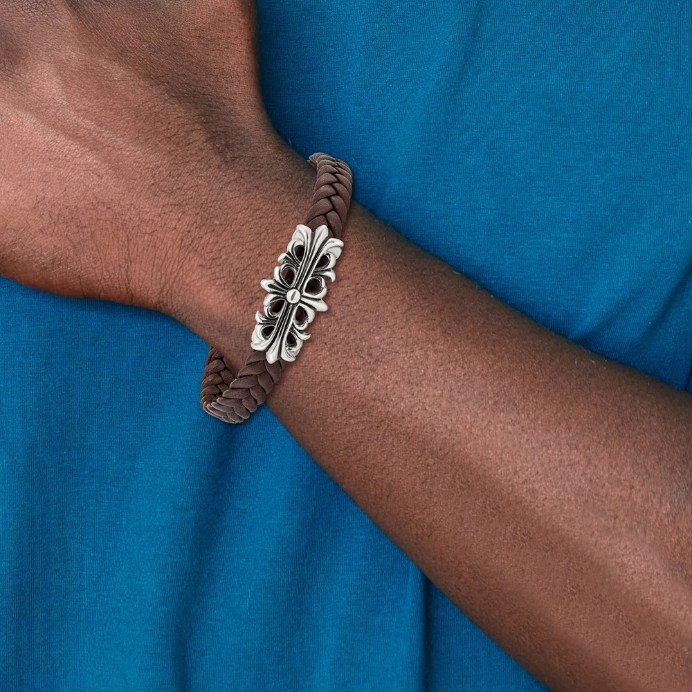 Stainless Steel Antiqued and Polished Brown Leather Filigree Bracelet - Image 5
