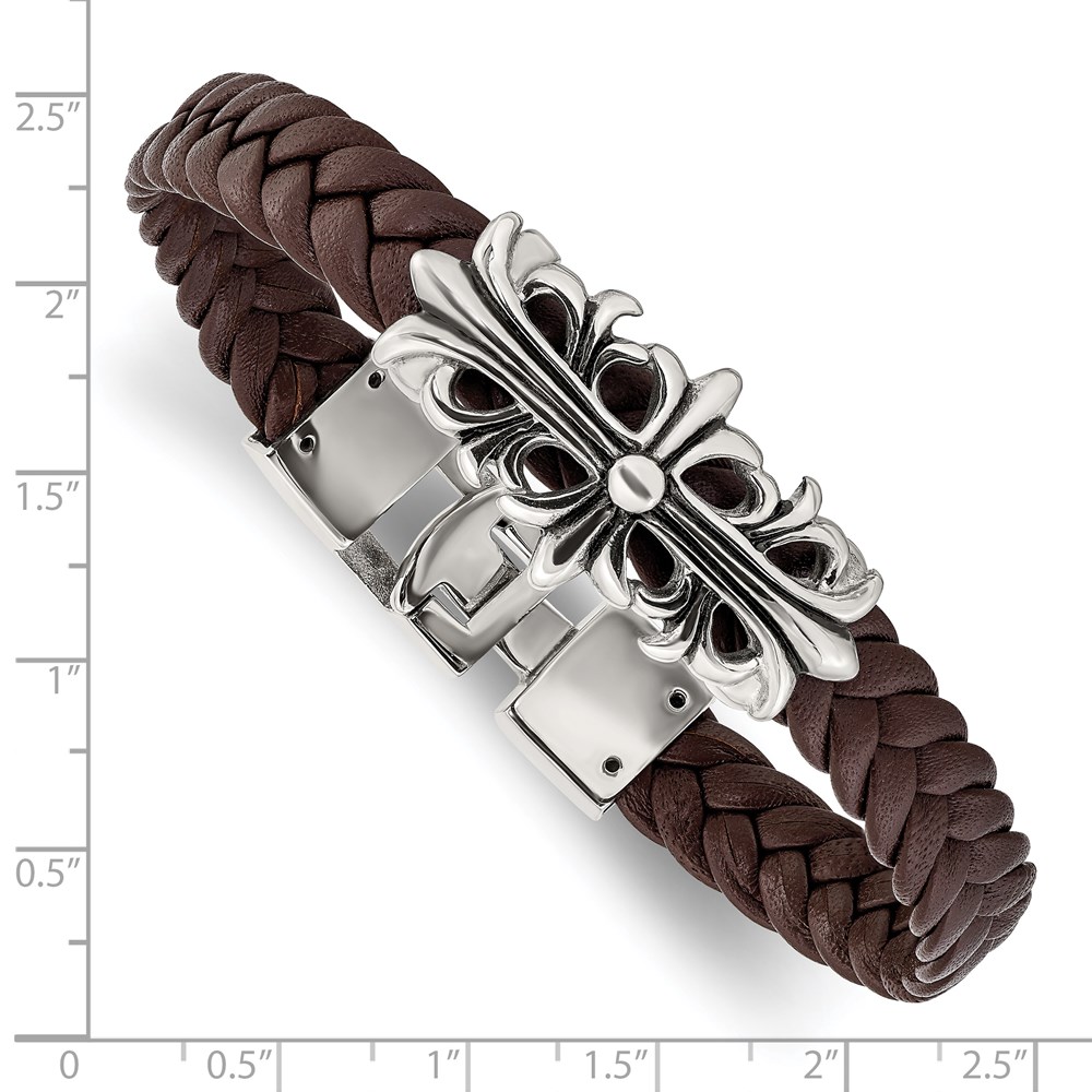 Stainless Steel Antiqued and Polished Brown Leather Filigree Bracelet - Image 4