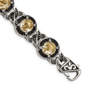 Stainless Steel Antiqued and Polished w/Gold T-inch Epoxy Res-inch 9-inch Bracelet
