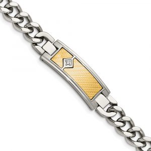 Stainless Steel 9-inch Polished with 18k Weave Textured Diamond ID Bracelet