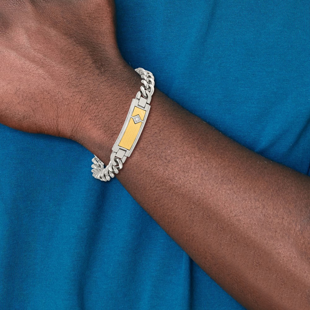 Stainless Steel 9-inch Polished with 18k Weave Textured Diamond ID Bracelet - Image 6