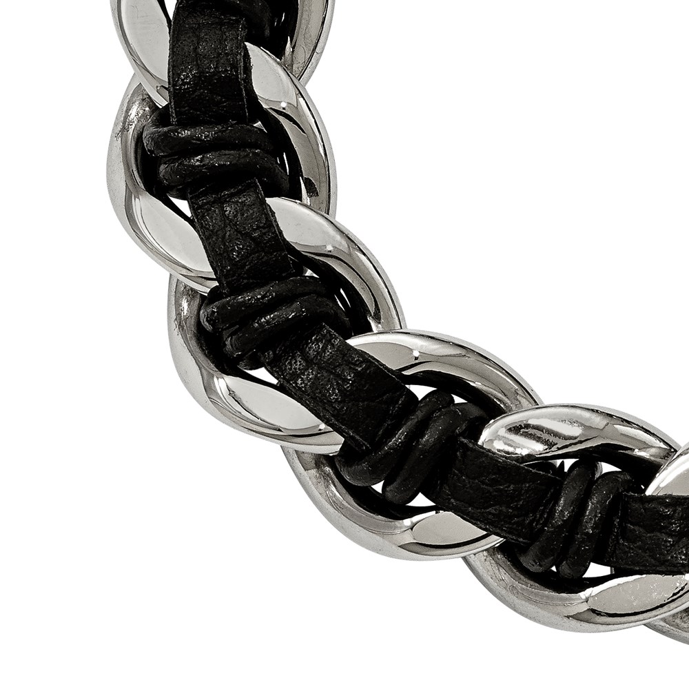 Stainless Steel Antiqued & Polished Dragon Head Black Leather Bracelet - Image 3