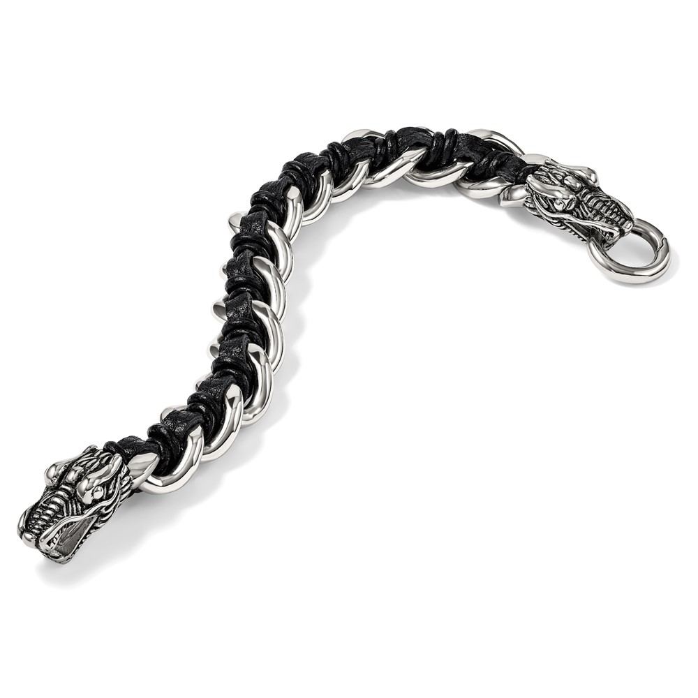 Stainless Steel Antiqued & Polished Dragon Head Black Leather Bracelet - Image 7