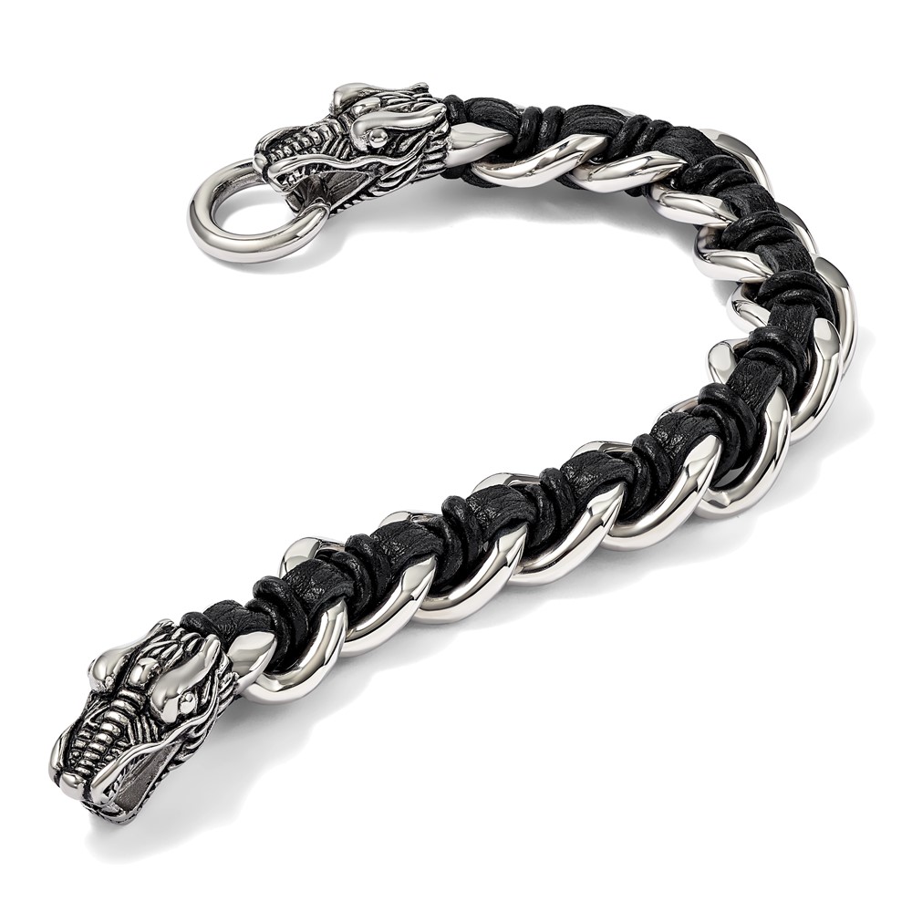 Stainless Steel Antiqued & Polished Dragon Head Black Leather Bracelet - Image 8