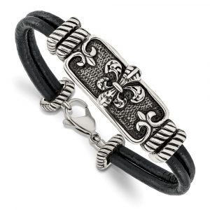 Stainless Steel Antiqued & Polished Fleur De Lis Black Leather Bracelet