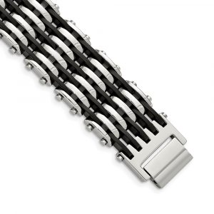 Stainless Steel Polished with Black Rubber 8.5-inch Bracelet