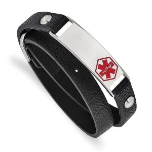 Stainless Steel Polished Enamel Leather Wrap Medical Adj Bracelet