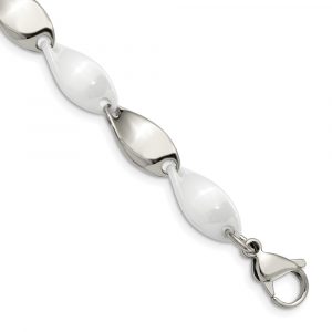 Stainless Steel Polished w/White Ceramic 7.75-inch Bracelet