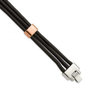 Stainless Steel Polished Rose IP-plated Black Leather 8-inch Bracelet
