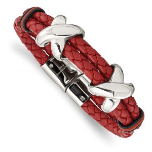 Stainless Steel Polished Red Leather and Rubber 8-inch Bracelet