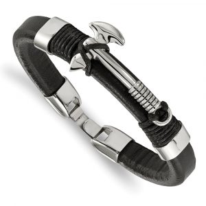 Stainless Steel Polished Black Leather Hatchet 8.5-inch Bracelet