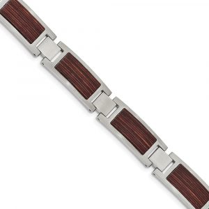 Stainless Steel Brushed with Wood Inlay 8.75-inch Bracelet