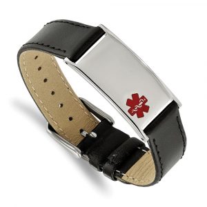Stainless Steel Polished Enamel Leather Adj 6.5-8.25-inch Medical Bracelet