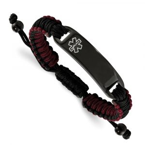 Stainless Steel Polished Black IP Black and Red Nylon Medical ID Bracelet