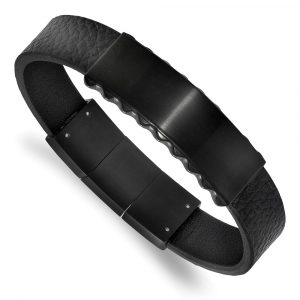 Stainless Steel Brushed & Polished Black IP Leather w/.5-inch ext. ID Bracelet