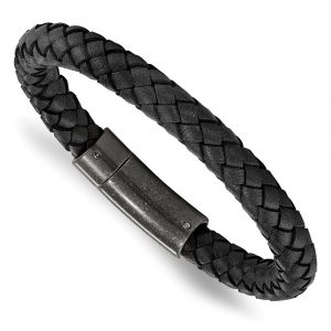 Stainless Steel Brushed Black Braided Leather 8.25-inch Bracelet