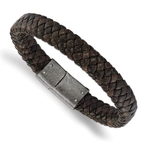 Stainless Steel Brushed Brown Braided Genuine Leather 8.25-inch Bracelet