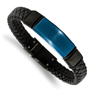 Stainless Steel Black & Blue IP-plated w/Silicone & Leather 8.25-inch Bracelet