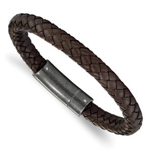 Stainless Steel Brushed Brown Braided Leather 8.25-inch Bracelet