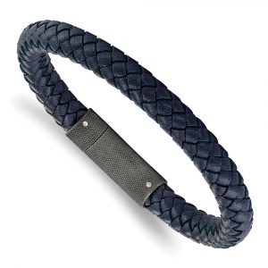 Stainless Steel Brushed Blue Leather Braided 8.5-inch Bracelet