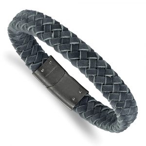 Stainless Steel Brushed Grey Leather Braided 8.5-inch Bracelet