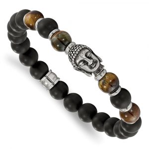 Stainless Steel Antiqued Buddha Black Agate Tiger Eye Stretch Bracelet