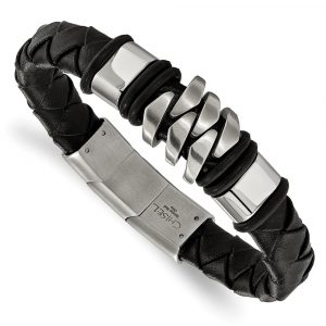 Stainless Steel Brushed and Polished Black Leather w/.5-inch ext. Bracelet